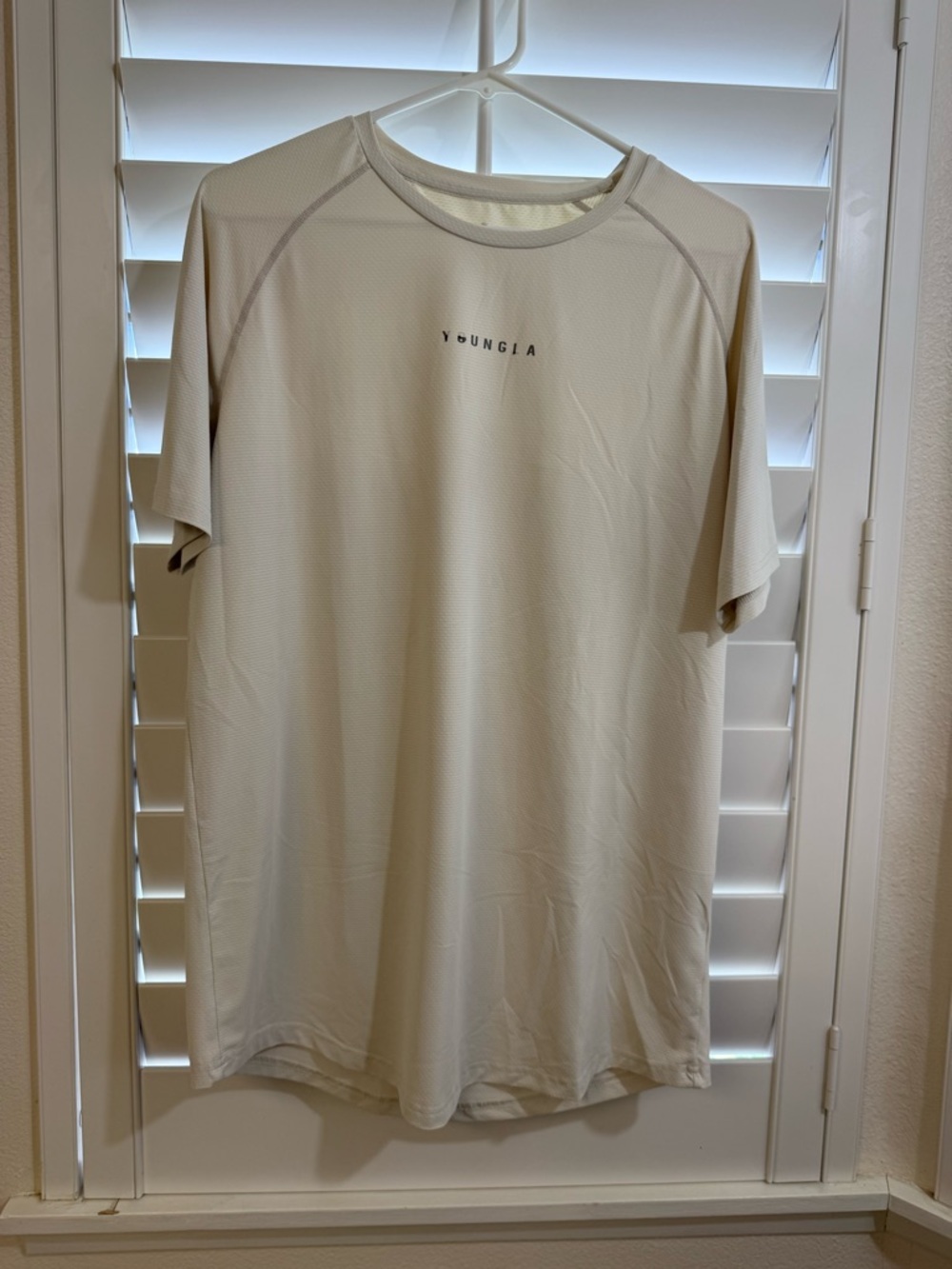 YOUNGIA Men’s Short Sleeve Performance Tee - Light Beige/Cream -Size Large